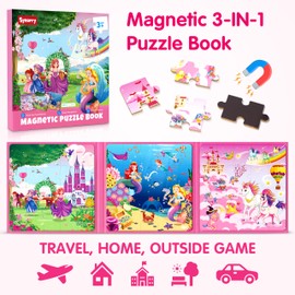 SYNARRY Unicorn Mermaid Princess Magnetic Puzzles for Toddlers 3-5 Girls, 20 Pieces Travel Puzzles for Kids Ages 4-6, Car Airplane Road Trip Activities Toys for 3 4 5 6 Year Old Girls Birthday Gifts