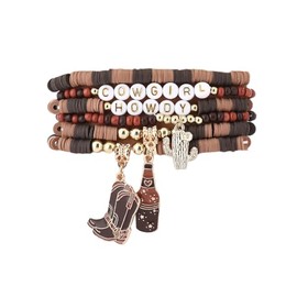 Cowgirl Cowboy Howdy Letter Charms Bracelet Cowboy Hat Boot Horseshoe Cactus Multi-layer Bracelets for Women Men Western Wristlet Set Country Concert Party Jewelry-Brown A