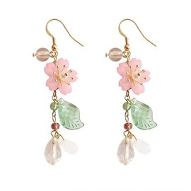 Pink Flower Earrings Dangle Cherry Blossoms Sakura Floral Teardrop Lily Fairy Leaf Petal Drop Spring Summer Seaside Idyllic Holiday Earrings-A