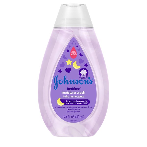 Johnson's Bedtime Baby Moisture Body Wash with Coconut Oil, Washes Away 99.9% of Germs, Tear-Free Night Time Bath Wash, Hypoallergenic, Paraben- & Dye-Free, No-Animal Testing, 13.6 fl. oz