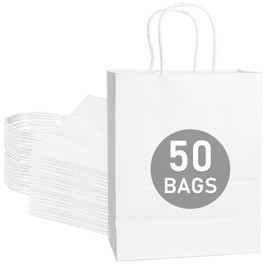 DechoPak 50pcs Paper Bags with Handles, 8.3x4.3x10.6 Inch Colored Gift Bags Bulk, Medium Party Favor Goodie Bags for Birthday Baby Shower Valentine's Day Christmas Retail Business White