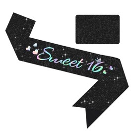 Vuzvuv Glitter Black Sweet 16 Sash with Iridescent Fonts, Happy 16th Birthday Decoration, Sixteen Birthady Party Supply for Girls