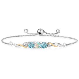 925 Sterling Silver and 10K Yellow Gold White Opal Blue Zircon and White Lab Grown Diamond Tennis Bracelet For Women (2.22 Cttw, Gemstone October Birthstone, Fully Adjustable Up to 9 Inch)