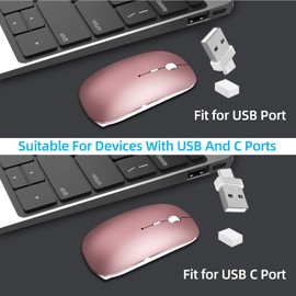 mouse inalámbrico para portátil, mouse Bluetooth recargable, tres modos (Bluetooth 5.2+ USB-A y receptor USB-C), compatible con dispositivos de puerto tipo C y USB/Macbook