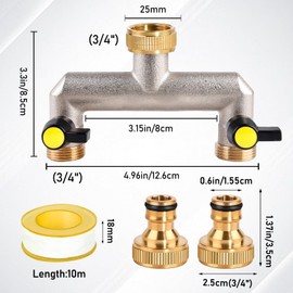 SUNOYA 2-Way Tap Water Distributor, 3/4 Inch Brass Water Connection Distributor, Water Distributor 2-Way, 2-Way Distributor with Ball Valve, Tap Distributor 2-Way with Raw Material Belt for Home, Yard