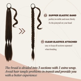 BARSDAR 26 Inch Long Braided Ponytail Extension with Hair Tie Straight Wrap Around Hair Extensions Pony Tail DIY Natural Soft Synthetic Hairpiece for Women -Dark Brown mix Auburn Evenly