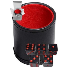 Set of 16mm Transparent Squared Corners Dice and Black PU Leather Dice Cup Plush Velvet Lined - Gift Boxed (Smoke/Red, Red Lining Cup)