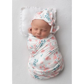 Terriboo Newborn Receiving Blanket and Headband Set Flower Print Baby Swaddle Wrap Floral (Pink 1)