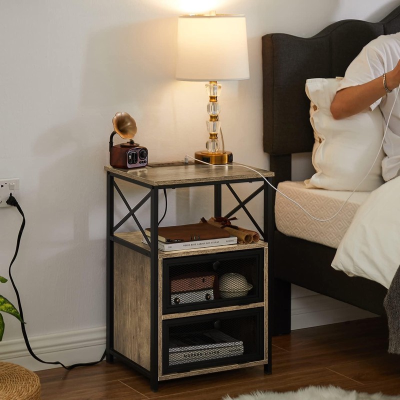 VECELO Dust Grey End Table with USB Ports and Outlets,24