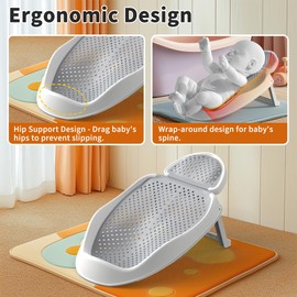 GloTika Baby Bathtub Support for Babies 0-6 Months, Foldable Portable Infant Bathtub, Ergonomic Mesh Baby Bath Tub, Grey