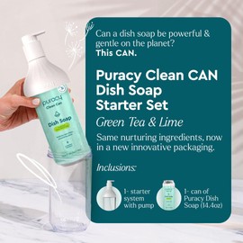 Puracy Natural Dish Soap Clean Can Starter Set - Plant-Based Dishwashing Soap, Non-Toxic Dish Soap, Natural Liquid Dishwashing Detergent Soap As Seen on TikTok (Green Tea & Lime, 14.4 fl oz)