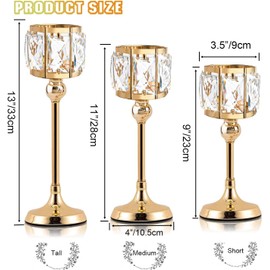 Kehail Crystal Tealight Candle Holders Set of 6 (9''/11''/13'') - Elegant Metal & Glass Centerpieces for Stunning Home Decor (Gold)