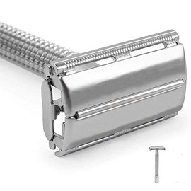 Rastrillo para Afeitar de Acero Inoxidable Vintage. Rastrillo de doble filo de Metal para Rasurar. Incluye 10 Navajas de Afeitar. Incluye Estuche. Incluye Cepillo Limpiador. Estilo Retro.(Plateado)