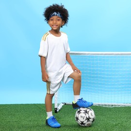 Tobfis Kids Outdoor Firm Ground Soccer Cleats for Training and Competition, Blue PU, 13 M US