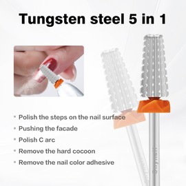 Cnynail 5 in 1 Nail Drill Bit, Tungsten Carbide Multi-Function Bit for Acrylic Nails, Hard Gels, Cuticles Removal, 3/32" Shank, Two-Way Rotation for Left & Right-Handed Use (2XC Grit, Silver)