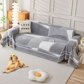 HAOMAIJIA Non Slip Couch Cover Sofa Covers for 3 Cushion Couch Washable sectional Couch Covers for Dogs pet Furniture Protector Couch Cover Blanket for Living Room (Grey-Cream, 91"x134")