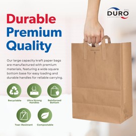Duro 70# Large Brown Paper Bags with Handles Bulk 50 Count, 12 x 7 x 17 Inches, Blank Brown Grocery Bags with Handles, Paper Sacks for Recycling
