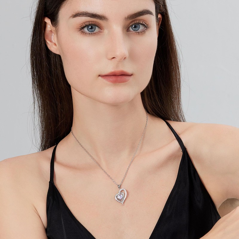 JiaYang Heart Birthstone Pendant Necklace for Women 925 Sterling Silver
