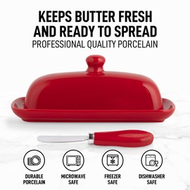 Zulay Kitchen Butter Dish With Lid For Countertop - Porcelain White, Ceramic Butter Dish with Knob Handle Great for Cooking - Elegant Design Butter Holder - Durable & Sturdy Butter Keeper - Red