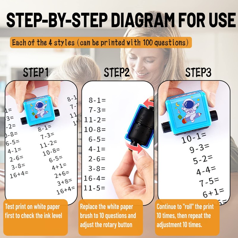 Fewlew Maths Roller Stamp 4 Pieces, Math Roller Stamp Addition