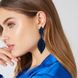 Flyonce Women's Crystal Wedding Bridal Charm 2 Leaf Drop Clip On Dangle Earrings Navy Blue Black-Tone