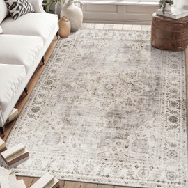 ReaLife Rugs Machine Washable Area Rug - Stain Resistant,Non-Shed - Eco-Friendly,Non-Slip, Family & Pet Friendly - Made from Premium Recycled Fiber - Vintage Bohemian Medallion - Beige Ivory, 3' x 5'