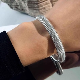 Xduargs Punk Bangle Bracelet Vintage Stretch Bangle Bracelet Gothic Flexible Wide Wristband Bracelets Chunky Thick Bangle Stretch Bracelet Stackable Round Bracelets Bangle Jewelry（Silver）