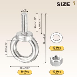 METALLIXITY Shoulder Eye Bolt with Washers & Nuts (M10x30mm) 10Set, 304 Stainless Steel Machinery Lifting Ring Threaded Eye Bolt - for Load Hoisting, Silver