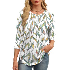 XIEERDUO 3/4 Length Sleeve Womens Tops 2024 Trendy Pleated Tunic Tops for Women Loose Fit Dressy White Print S