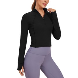 CRZ YOGA Women's Butterluxe Long Sleeve Workout Shirts Half Quarter Zip Sweatshirt Athletic Crop Tops Collared T-Shirts Black X-Large
