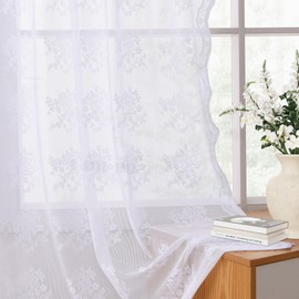 White Sheer Floral Curtains 102 Inches Long 2 Panels Vintage Voile Lace Sheer Curtains Farmhouse Boho Textured Flower Chic Rod Pocket Privacy Window Treatment Pair Decor Drapes for Living Room 52X102