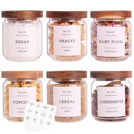 6 Set Glass Pantry Storage Jars with Acacia Airtight Lid - 15oz Thicken Glass Kitchen Canisters with 132 Pantry Labels - Clear Glass Food Storage Containers with Wood Lid for Tea,Sugar,Spice,herbs