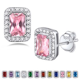 Bestyle Infinity Love Square Stud Earrings with October Pink Tourmaline Birthstone Crystal, Brilliant Love Square Diamond Studs Statement Jewelry for Women