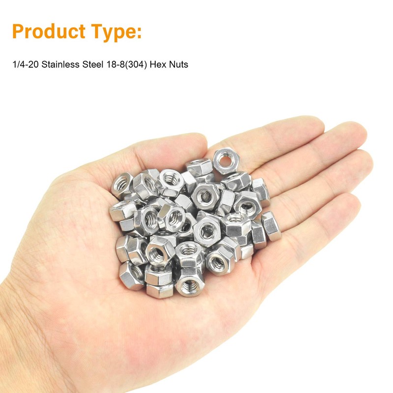 Powlankou 100 Pieces 1/4"-20 Stainless Hex Nut, Stainless Steel (304)