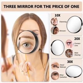 Magnifying Mirror, 10X & 20X & 30X Set, Magnified Mirrors 3.5" with Two Suction Cups, Travel Magnifying Mirror Set Comes with Portable Storage Bag, Compact Small Magnified Mirrors for Travel(Black)