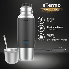 Peabody eTermo 12v Portable Vacuum Insulated Thermos With Water Heater, 16,9 fl OZ, Push Button Dispenser, for Car, SUV, Truck, RV, Boat (Silver)