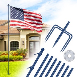 ZMTECH 10 FT Flag Pole in Ground with Solar Light, Heavy Duty Flag Pole Holder for Outside House with Solar Light and 5 Pronges Base, Flag Pole Kit for Outdoor Garden Decor(1 Pack,Without Flag), Blue