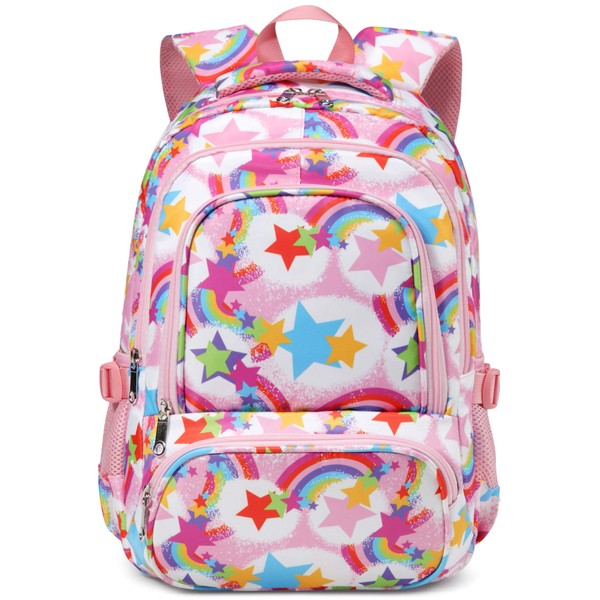 Rainbow Backpack for Girls Kids Elementary Primary School Bags for Kindergarten Childs Star Cute Bookbags Lightweight Lovely Gift Mochilas Escolares Para Niñas De 4 5 6 7 8 Años 17 Inch (Pink)