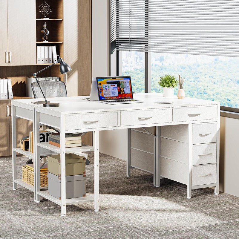 Huuger Computer Desk with 6 Drawers, Office Desk with Shelves,