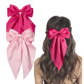 Furling Pompoms Hair Bows Clip, Hot Pink Bow for Women's Hair - 2 Pack, Elegant Satin Bow Hair Accessories for Birthday, Wedding, Holidays