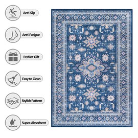 Area Rug 8x10 Washable Vintage Rug Traditional Floor Cover Thin Rug Retro Kitchen Indoor Distressed Non Slip Carpet Floral Print Mat Living Room Bedroom Dining Room