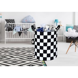 19.7 Inch Round Laundry Hamper Black Check Laundry Basket Fabric Storage Hamper Organization Basket, Storage Bin, Toy Box,Gift Basket with Handles for Room
