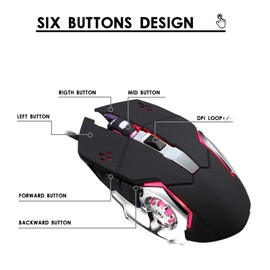 Basaltech Wired Computer Gaming Mice, 6 Buttons for Desktop Laptop Mac PC Gaming Mouse, 4 Levels DPI 800-1600-2400-3200 with 4 Colors RGB Backlit, Ergonomic Design for Professional Gamers Use