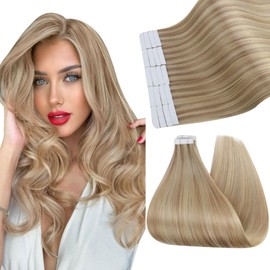 Ugeat Invisible Tape in Hair Extensions Human Hair 14 Inch Dark Ash Blonde Highlights Golden Blonde for Women Real Hair Extensions Tape in 40G 20Pcs #16/22
