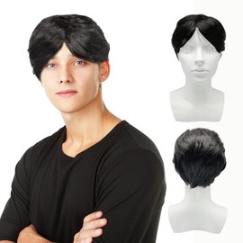 UILYNIU Short Mens Wig Black Straight Wigs for Men Mens Black Wig, Dress Up Wigs Costume Wigs 70s 80s Hippy Pop Disco Rocker Wigs for Fancy Dress Theme Party Daily Use Cosplay Festivals (Black)