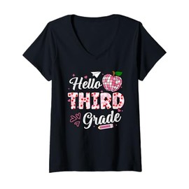 Womens Hello 3rd grade First Day Of School Third Grader Apple Disco V-Neck T-Shirt