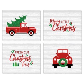Big Dot of Happiness Merry Little Christmas Tree - Unframed Red Truck Christmas Linen Paper Wall Art - Set of 4 - Artisms - 8 x 10 inches