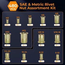 INCLY 480PCS SAE & Metric Rivet Nuts Assortment Kit, Rivet Nut Kit, M3 M4 M5 M6 M8 M10 M12,6-32,8-32,10-24,1/4-20,5/16-18,3/8-16 Flat Head Rivnuts, Galvanized Carbon Steel Threaded Inserts Nutserts
