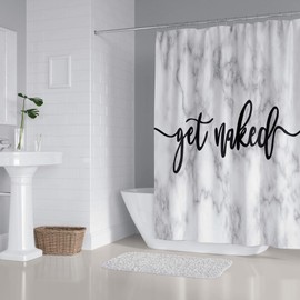 Zengmei 70x70 inches Get Naked Shower Curtain Set Funny Quote Durable Waterproof Polyester Shower Curtain Bathroom Bath Decor Cloth Fabric + 12 Hooks(Marble)