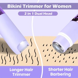 Bikini Trimmer for Women, Glow Aura Womens Shaver, Quiet Dual Head Waterproof Cordless Rechargeable Painless Trimmer for Underarms, Legs, Body (Purple)